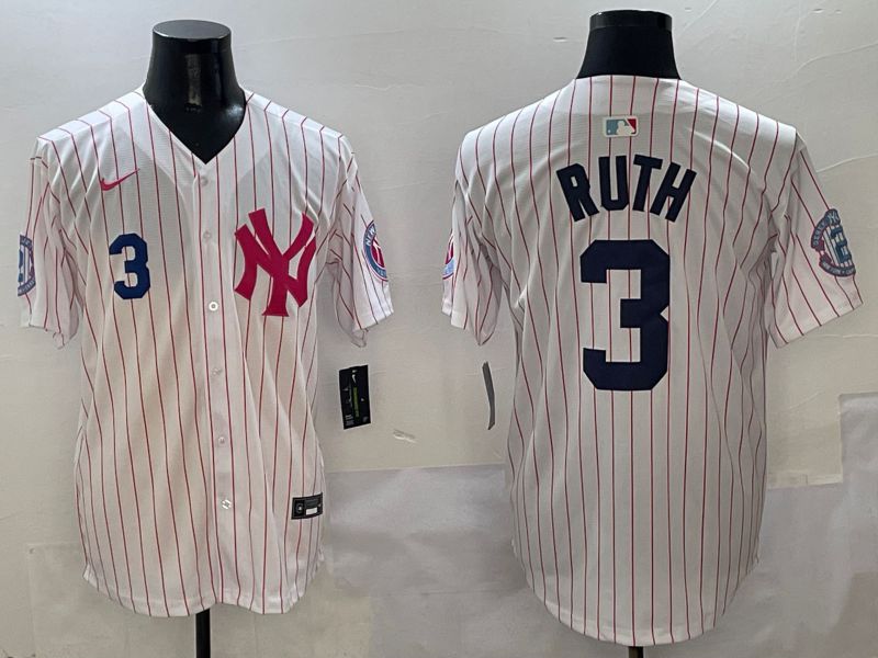 Men New York Yankees 3 Ruth White Stripe Jointly Name Nike 2025 MLB Jersey style 2